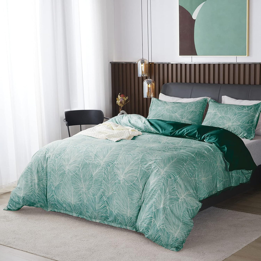 Jemiipee Blumen Bettwäsche-Set mit Tropische Palmblätter Muster, 1 x Bettbezug 200x220 cm mit 2 x Ki