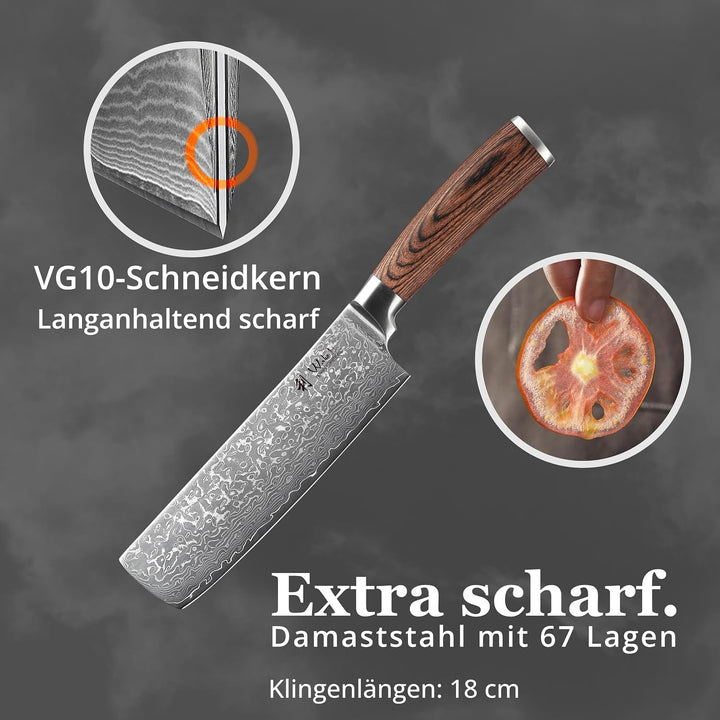 Wakoli EDIB Sakura Nakiri Messer mit 18 cm Klinge aus 67 Lagen Damaststahl mit VG10 Kern, Pakkaholzg