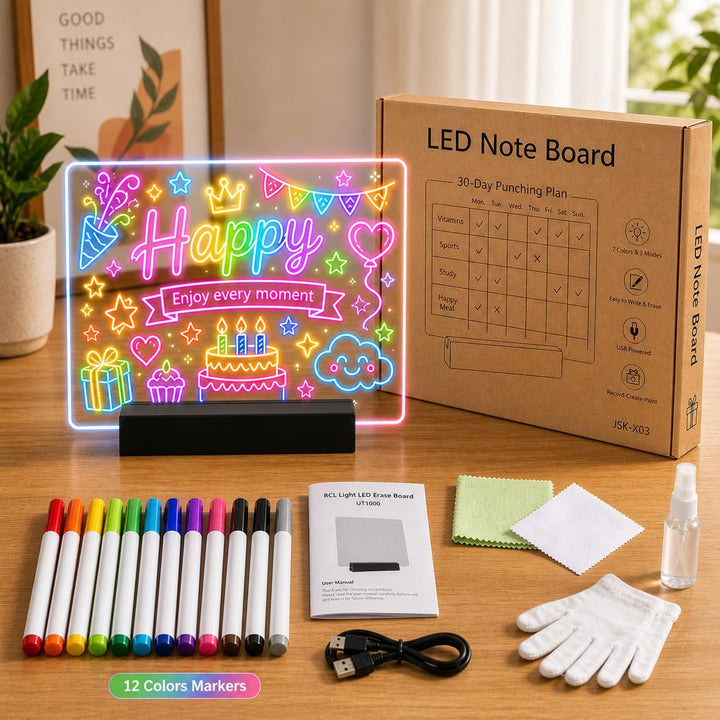 LED Zeichenbrett, Wiederaufladbare LED Notiztafel mit Farben, Led Maltafel Kinder mit 12 Farben Stif