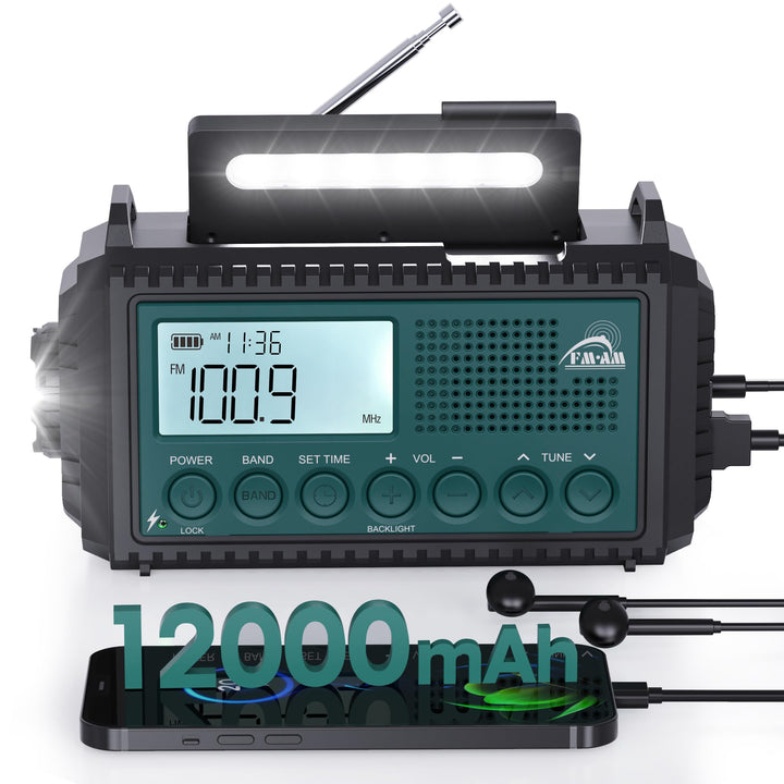 Kurbelradio, 12000 mAh Notfallradio, AM/FM/SW Baustellenradio, 5-Wege Solar Radio mit Weltempfänger,
