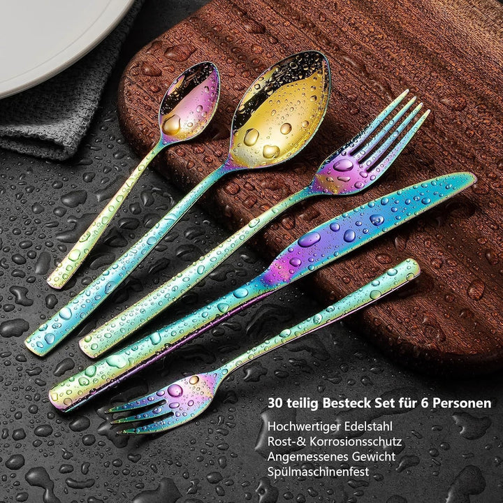 Besteck Set für 6 Personen, Essbesteck Set 30 teilig aus Edelstahl, Gabel Messer Löffel set, SpüLmas