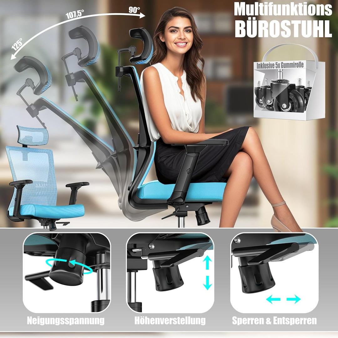 KESSER® Bürostuhl Ergonomisch mit verstellbaren Armlehnen | Drehstuhl mit Lendenwirbelstütze Rückens