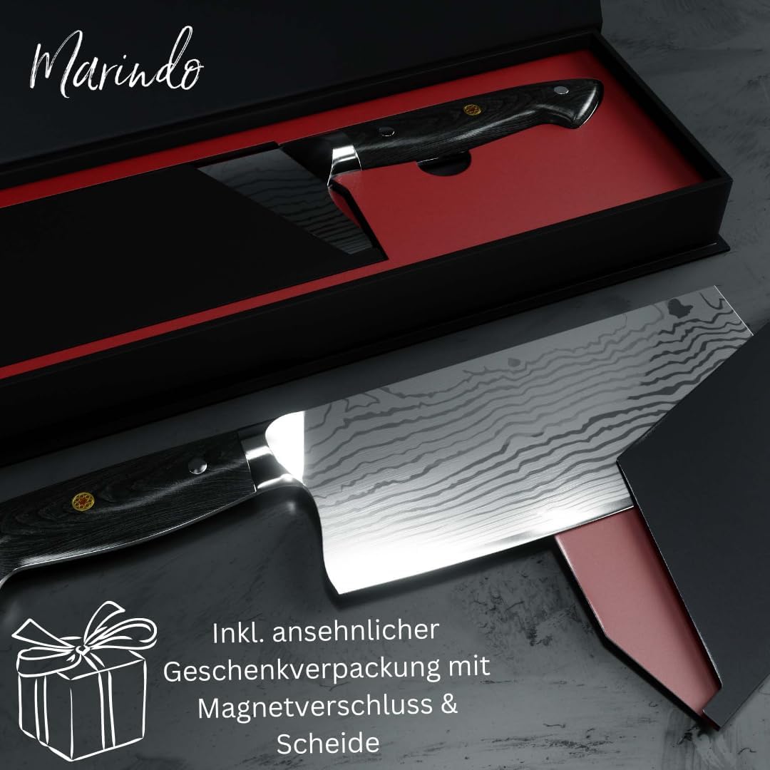 Marindo Chinesisches Kochmesser Edelstahl | 18cm Klingenlänge | Küchenbeil mit dreifach genietetem H