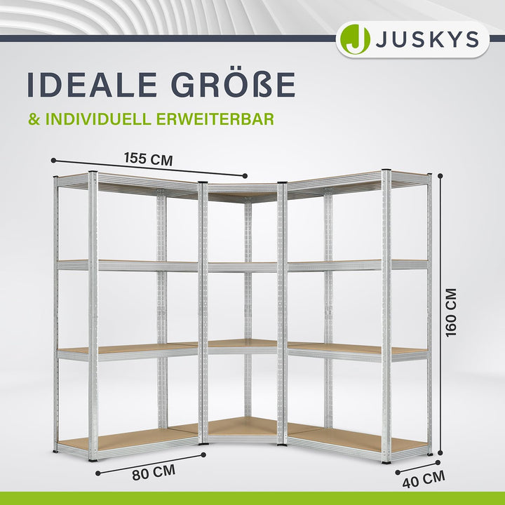 Juskys 3er Metall Regalsystem Easy | 1 Eckregal & 2 Lagerregale | 12 Böden aus MDF Holz | 960 kg | S