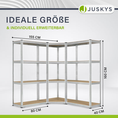 Juskys 3er Metall Regalsystem Easy | 1 Eckregal & 2 Lagerregale | 12 Böden aus MDF Holz | 960 kg | S
