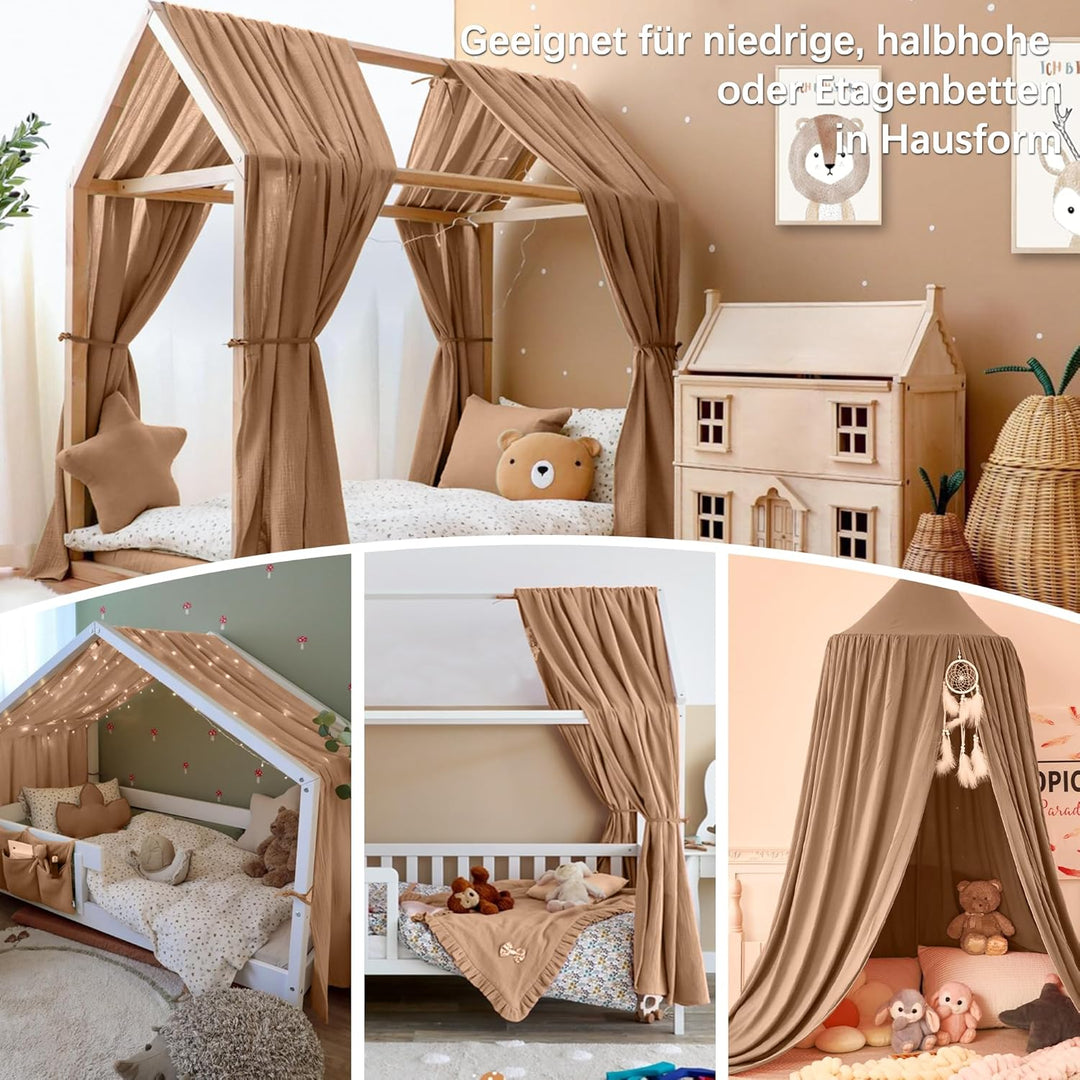 Hausbett Himmel Deko Set, Betthimmel Hausbett aus Musselin - 2 Betthimmel & 1 Wimpelkette, für Junge