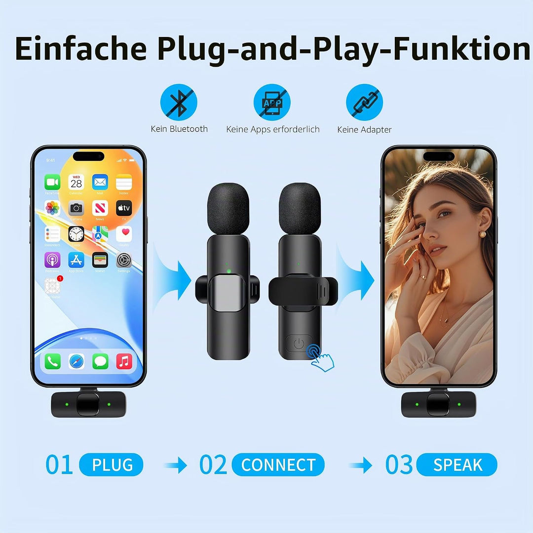 Kabelloses Lavalier-Mikrofon für iPhone iPad & Android - 2er-Pack Mini-Clip-On-Mikrofon mit Geräusch
