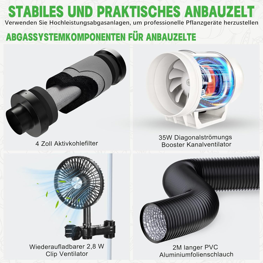 Growzelt Komplettset, 200W LED Grow Lampe Vollspektrum, Growzelt Indoor, Komplettes Hydroponics 600D