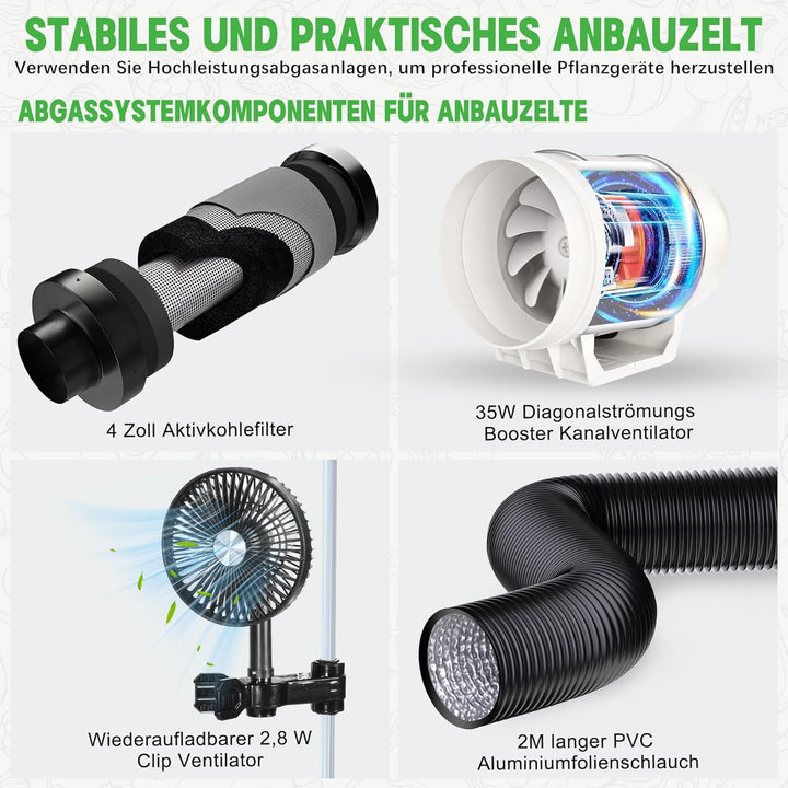 Growzelt Komplettset, 200W LED Grow Lampe Vollspektrum, Growzelt Indoor, Komplettes Hydroponics 600D