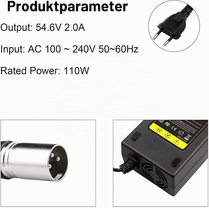 54.6V 48V 2A E-Bike Ladegerät Ladekabel für 48V Akku mit 3pin XLR Stecker für Elektroroller Elektris