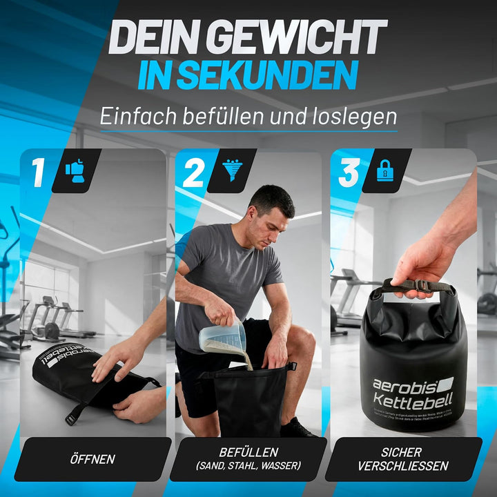 aerobis® Fitness Kettlebell | verstellbare Kugelhantel 1-25kg | variabel befüllbar mit Sand oder Sta