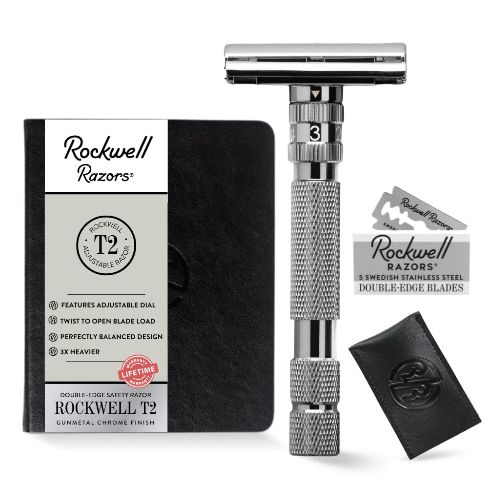 Rockwell T2 | Twist-To-Open (TTO) Doppelschneidiger Sicherheitsrasierer | Vollmetall | inklusive 5 v