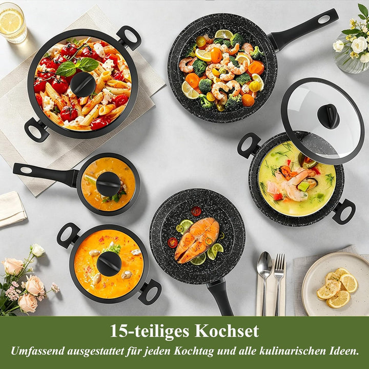 Topfset induktion Scheffler 15tlg Kochtopf Set,Antihaftbeschichtung Induktions Töpfe Set,Topfset Ind