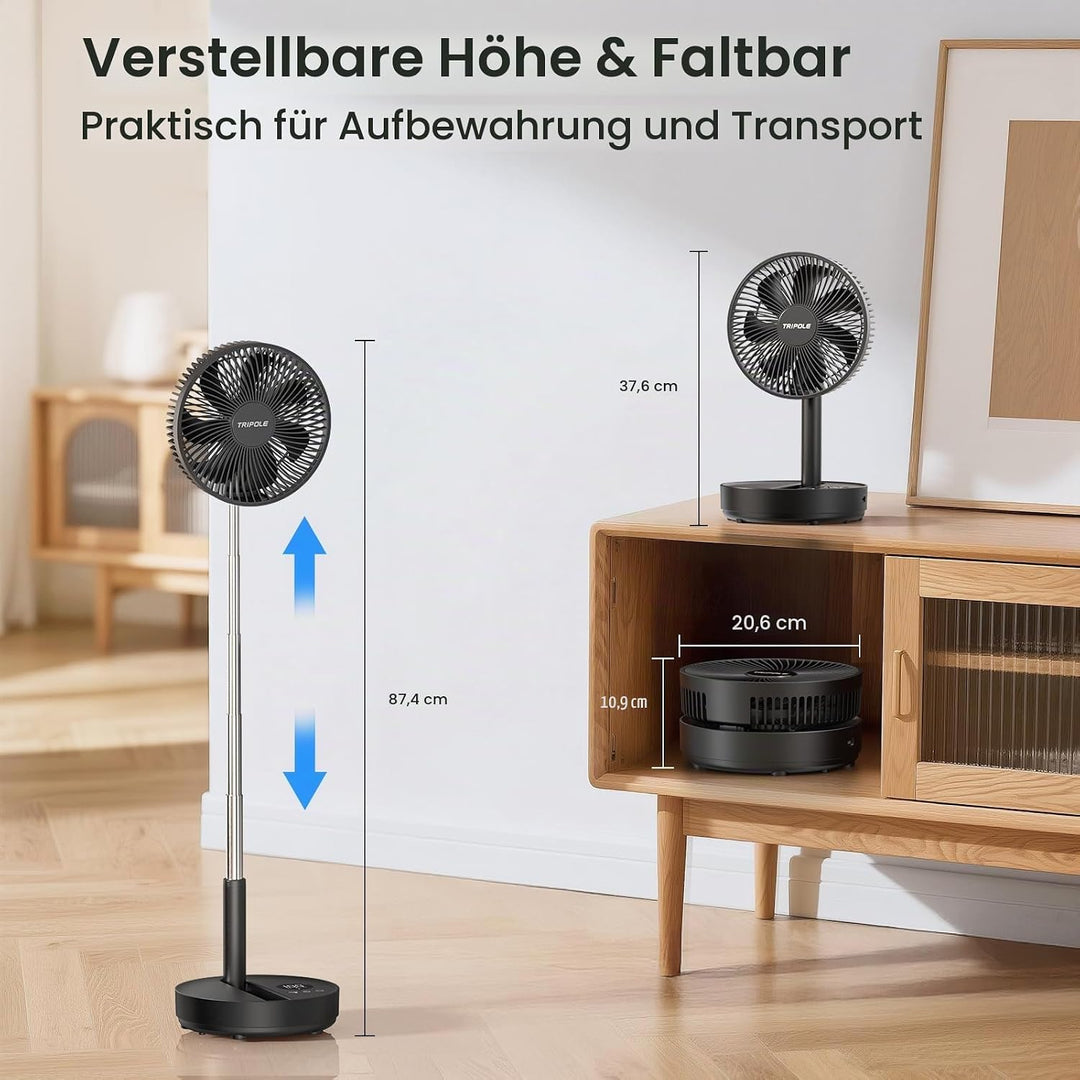TriPole Tragbarer Standventilator mit LED-Anzeige, Akku, 28,5 Std. Laufzeit | Oszillierender Ventila