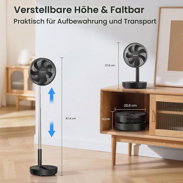 TriPole Tragbarer Standventilator mit LED-Anzeige, Akku, 28,5 Std. Laufzeit | Oszillierender Ventila