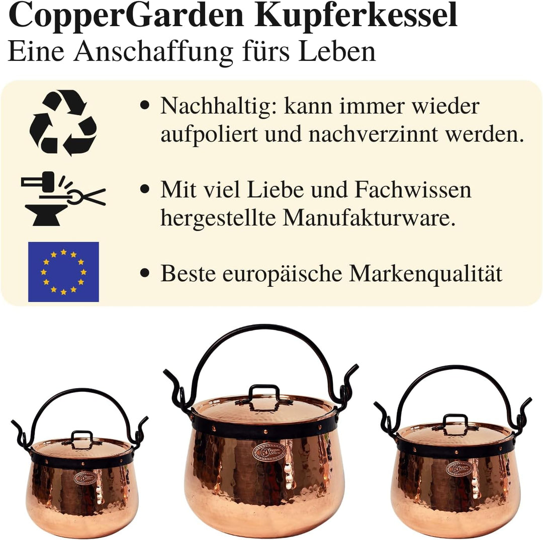 CopperGarden Kupferkessel 20 Liter I Hexenkessel mit Henkel &amp; Deckel I Handgeschmiedeter Kessel aus