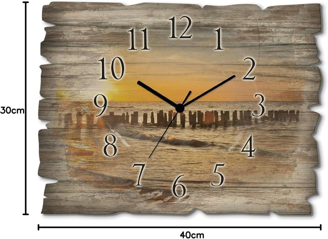 ARTLAND Wanduhr ohne Tickgeräusche aus Holz Quarzuhr 40x30 cm Rechteckig Lautlos Strand Meer Sonnenu
