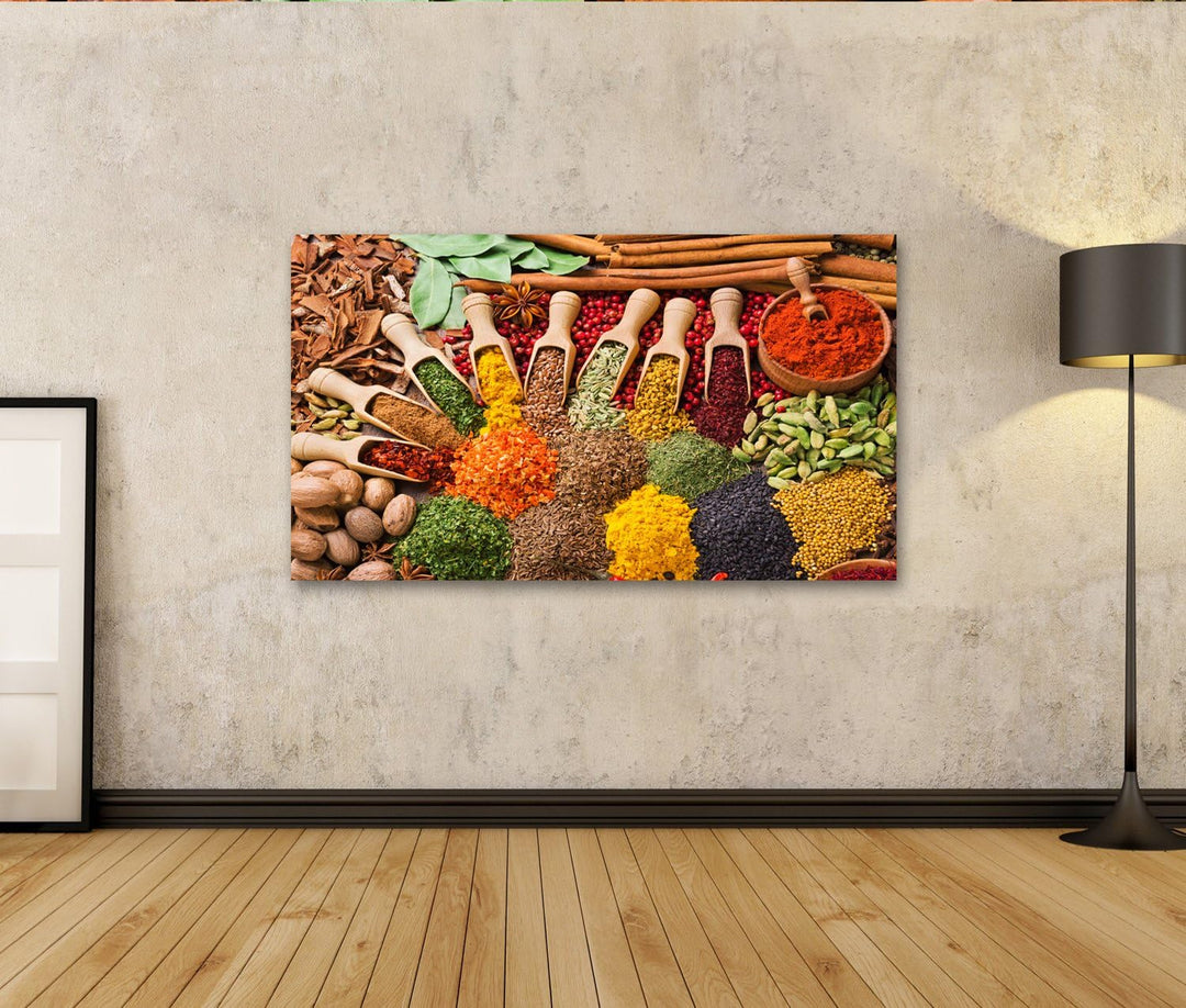 islandburner Bild auf Leinwand Komposition Verschiedene Gewürze Kräuter Bunt Für Küche Bilder Wandbi