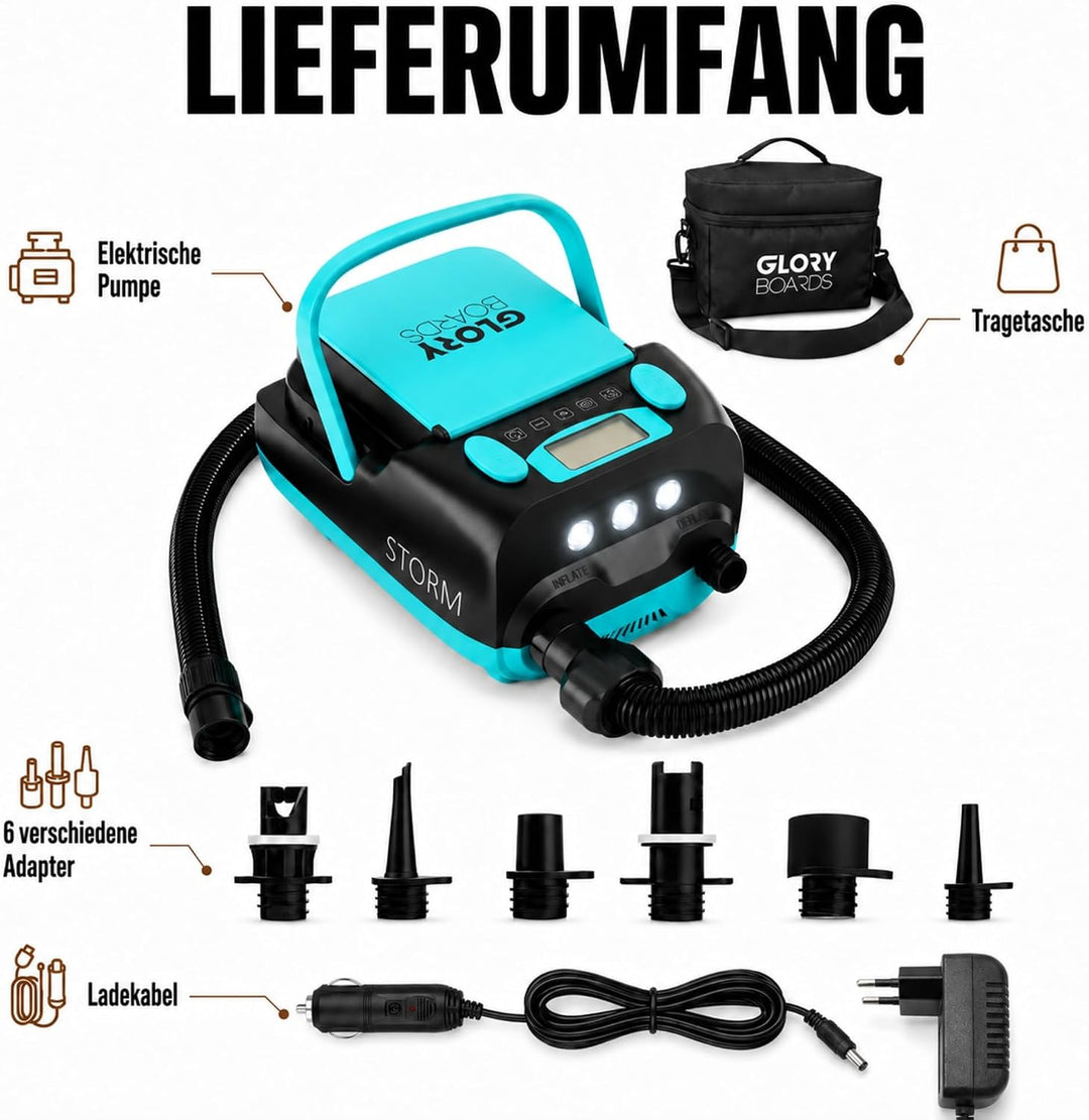GLORY BOARDS® - SUP Pumpe Akku | elektrische Pumpe SUP | 20 PSI Hochdruck | elektrische Luftpumpe mi