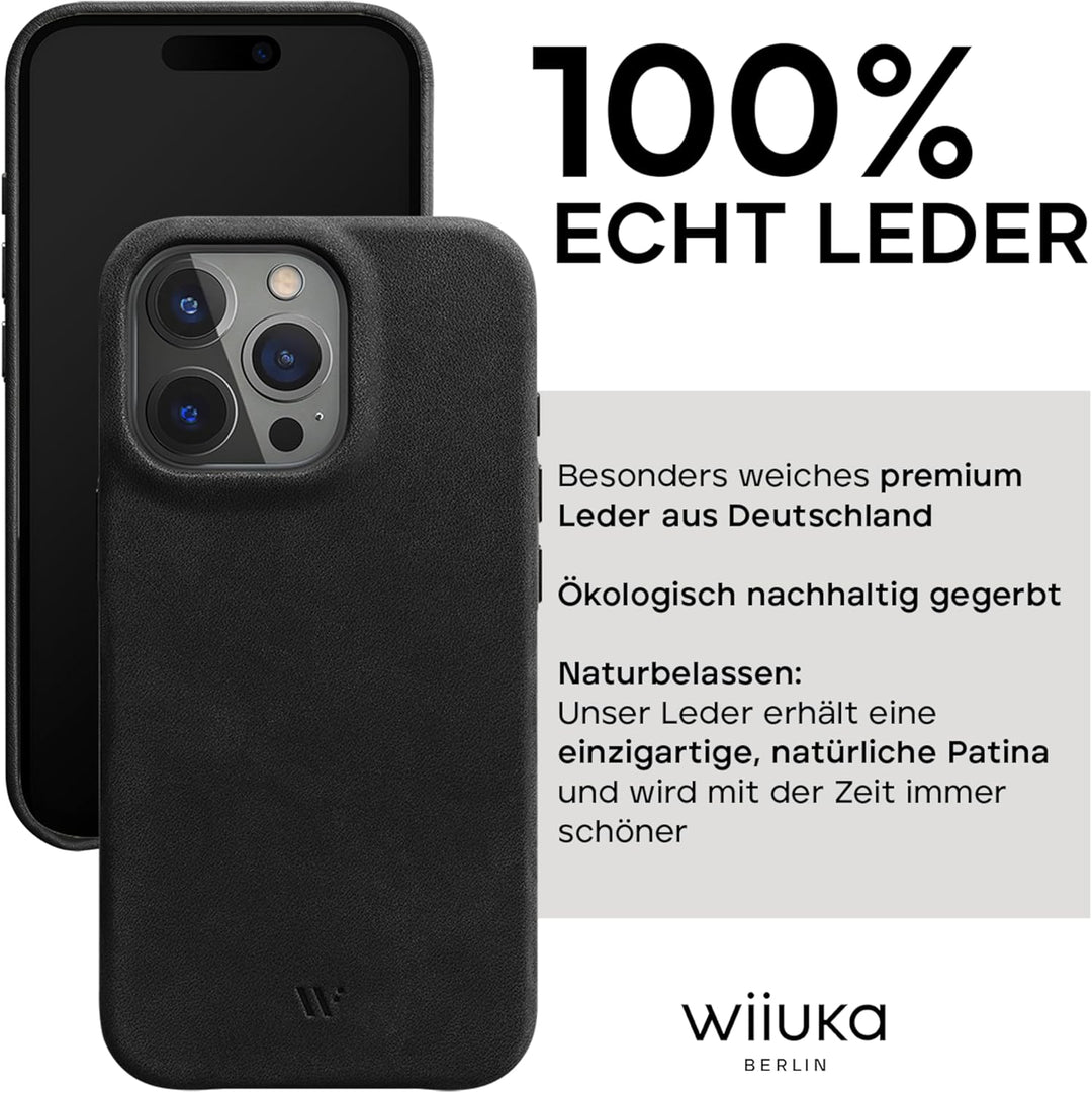 WIIUKA Hülle für iPhone 15 Pro Max, Leder aus Deutschland, Lederhülle extra Dünn, Premium Handyhülle