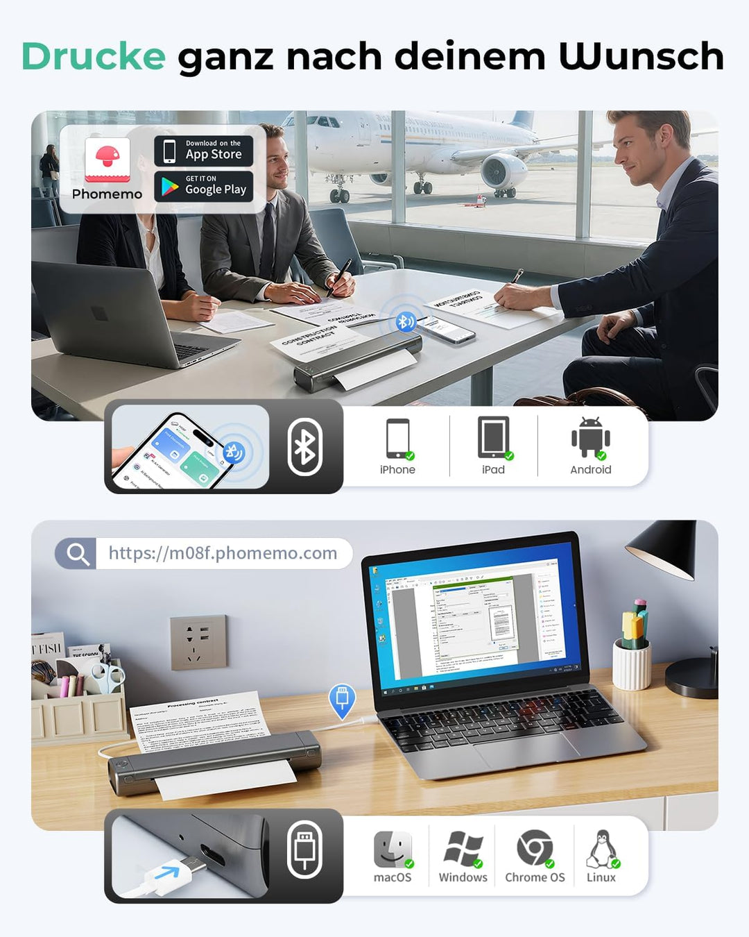 Phomemo Portable Drucker, M08F Bluetooth Mobile Tragbarer Drucker A4 unterstützen 210x297mm A4 Therm