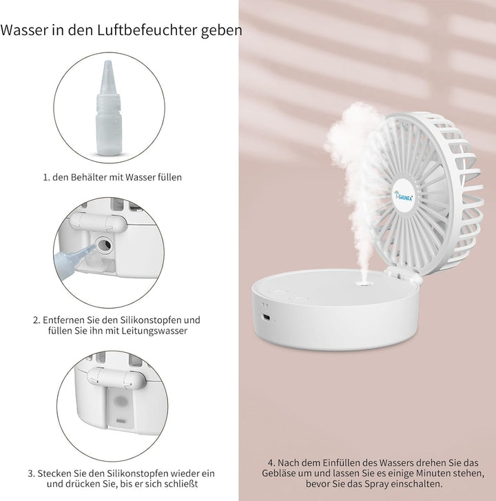 Handventilator mit Kühlen Nebel,Tragbarer Mini Ventilator USB-Aufladbar,5 Geschwindigkeiten,Faltbare