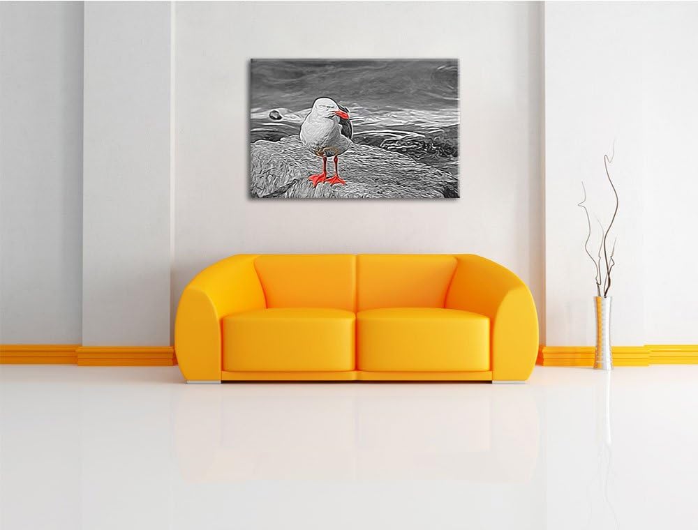 kleine Möwe auf Felsbrocken schwarz/weiss Deluxe Format: 100x70 cm auf Leinwand, XXL riesige Bilder