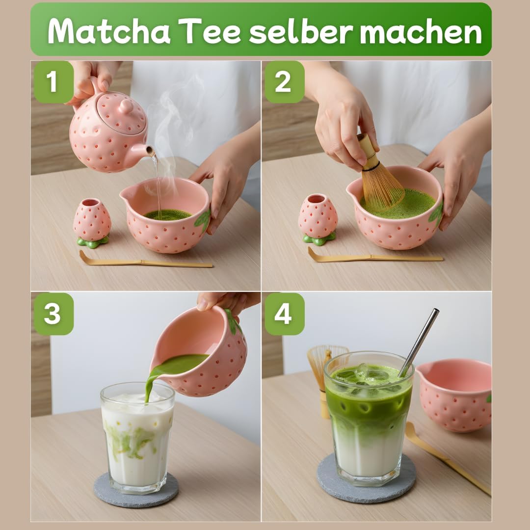 Generisch Matcha Set Erdbeer - Komplettes Set 4-teilig mit Matcha Besen, Matcha Schale - schlichtes