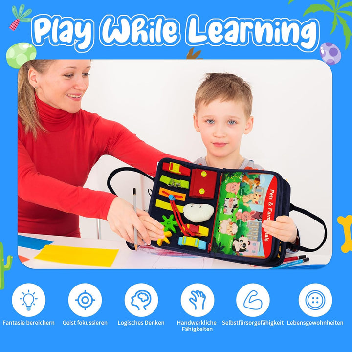 TenFans Busy Board ab 3 Jahr - Montessori-inspiriertes Quiet Book mit Reissverschluss & Schnallen -