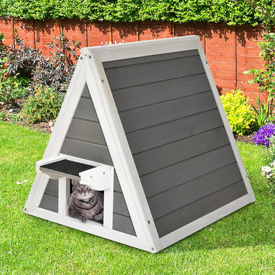GYMAX 50 x 55 x 52 cm Katzenhaus mit Asphaltdach & Tür, Wetterfeste Katzenhöhle aus Holz, Katzenhütt
