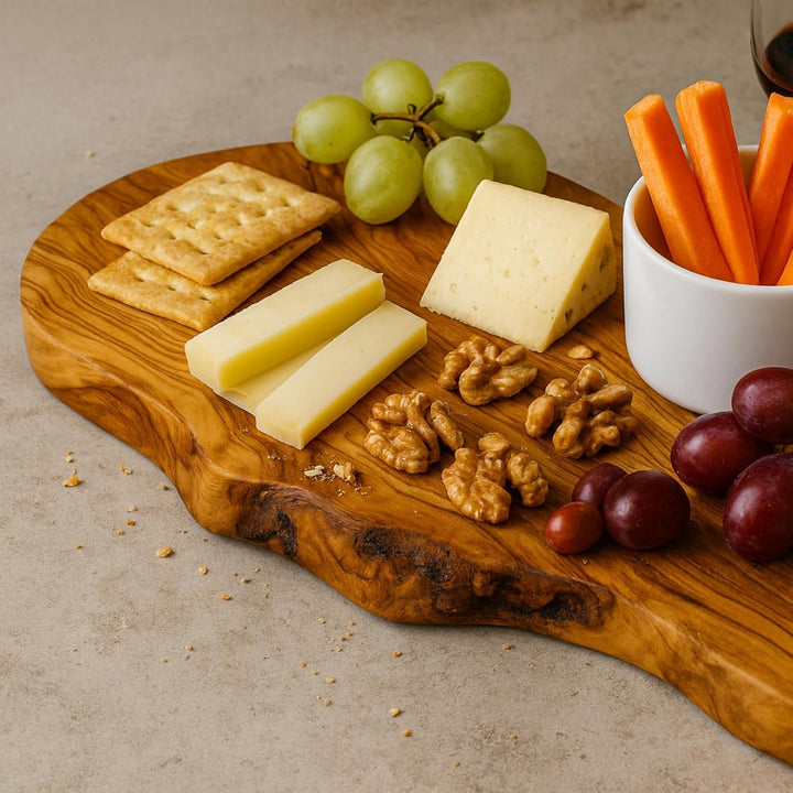 Olivenholzbrett inkl. Porzellanschale - rustikales Schneidebrett/Servierbrett mit Dipschälchen, Holz