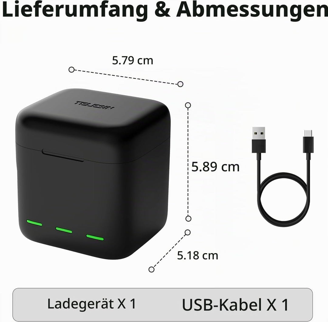 Akku-Ladegerät für Go Pro Hero 13 Black, Triple Slot USB-Ladekoffer mit Type-C Kabel Akkus Tragetasc