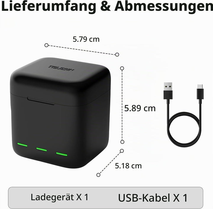Akku-Ladegerät für Go Pro Hero 13 Black, Triple Slot USB-Ladekoffer mit Type-C Kabel Akkus Tragetasc