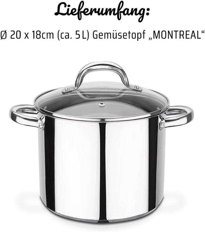 GSW 990189 Montreal Gemüsetopf mit Glasdeckel 20cm / ca. 5,0 Liter, Edelstahl, silber, 20 cm