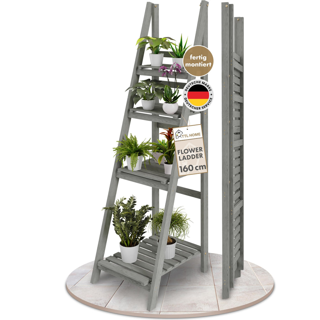 Blumenleiter Flower Ladder L 160x41x50cm hellgrau - 4-Ebenen Natur Holz Leiterregal Blumentreppe Blu