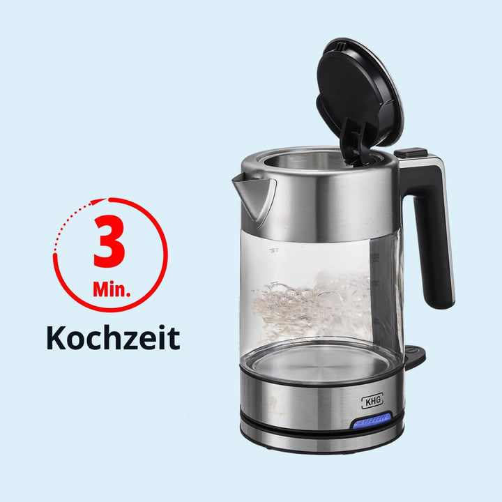 KHG Wasserkocher WK-106 GE Glas, 1 Liter, abwaschbarer Kalkfilter, Wasserstandsanzeige, Öffnen per K