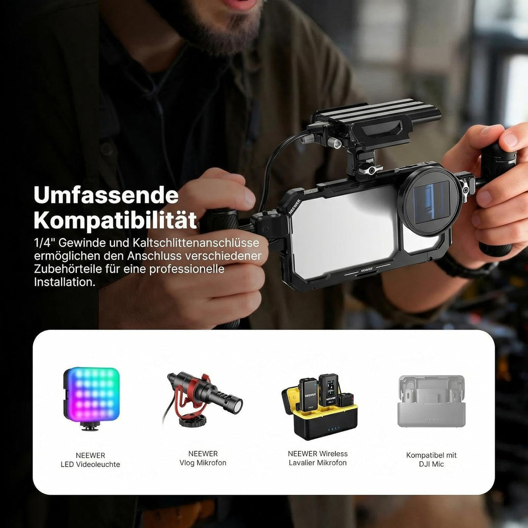 NEEWER Phone Käfig Cage Schnellwechsel Video Rig Handy Stabilisator kompatibel mit iPhone 17, mit 67