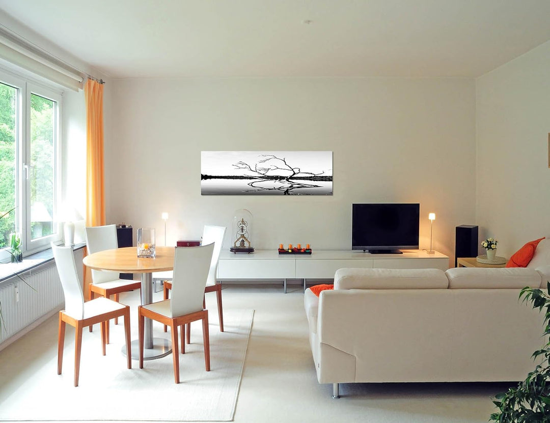 Paul Sinus Art Panoramabild auf Leinwand und Keilrahmen 150x50cm Finnland See Gehölz schwarz/weiss