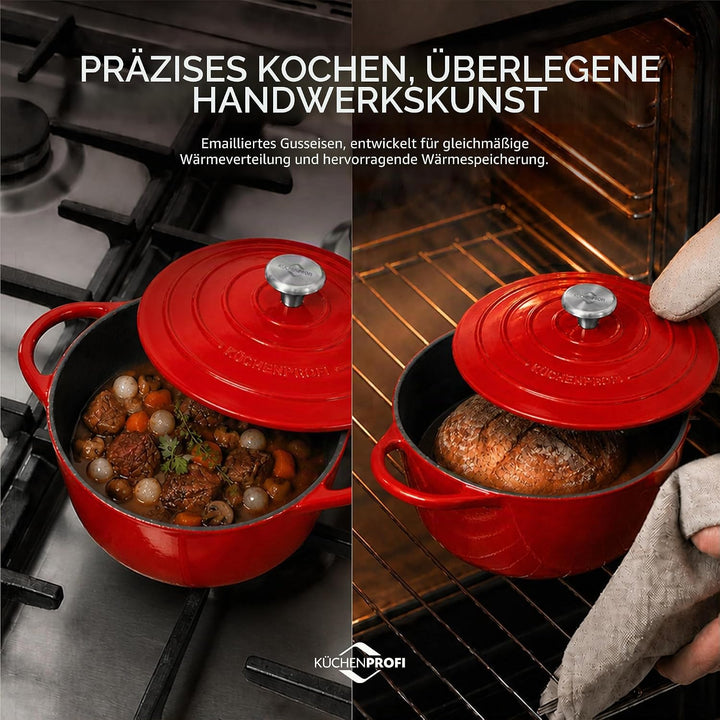 Küchenprofi Gusseisen Bräter mit Deckel, rot/innen schwarz , 24 cm, Schmortopf, Auflaufform, Dutch O