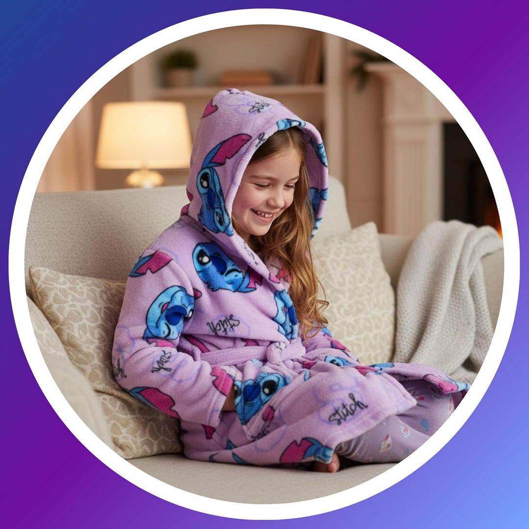 Disney Stitch Mädchen Bademantel, Kinder Hausmantel, Weicher Fleece Morgenmantel, Grössen 6 bis 12 J