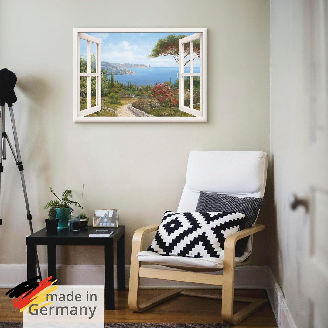 ARTland Leinwandbild Wandbild Bild auf Leinwand 70x50 cm Wanddeko Fensterblick Fenster Küste Meer Bu