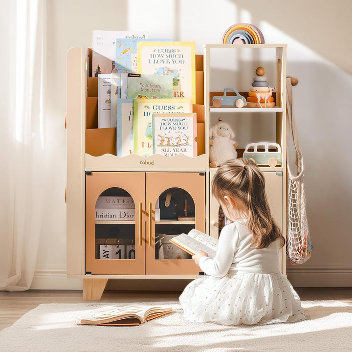 ROBUD Kinder bücherregal Karamellfarbe, Holz Standregal,mehrstufig, mit Spielzeugaufbewahrungszone,