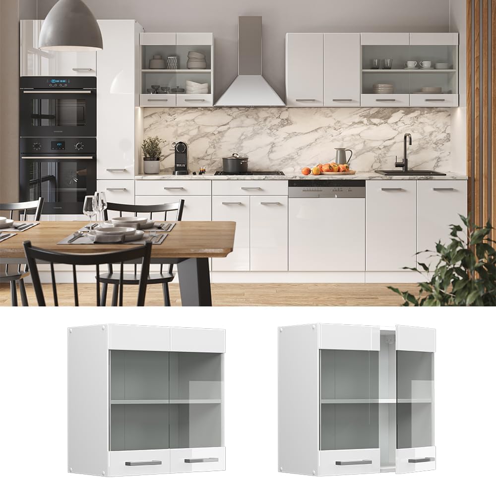 Vicco Küchenschrank Glas R-Line, Weiss Hochglanz/Weiss, 60 cm Weiss Hochglanz Hängeglasschrank 60cm,
