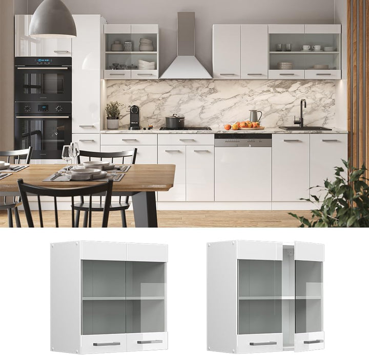 Vicco Küchenschrank Glas R-Line, Weiss Hochglanz/Weiss, 60 cm Weiss Hochglanz Hängeglasschrank 60cm,