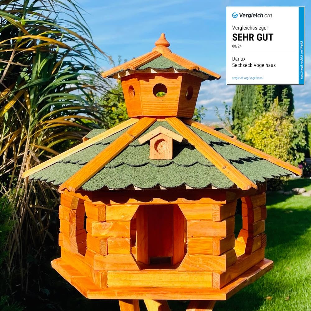handgefertigtes Sechseck Vogelhaus aus Holz wetterfest M - XL mit und ohne Ständer, Futterhaus, Futt