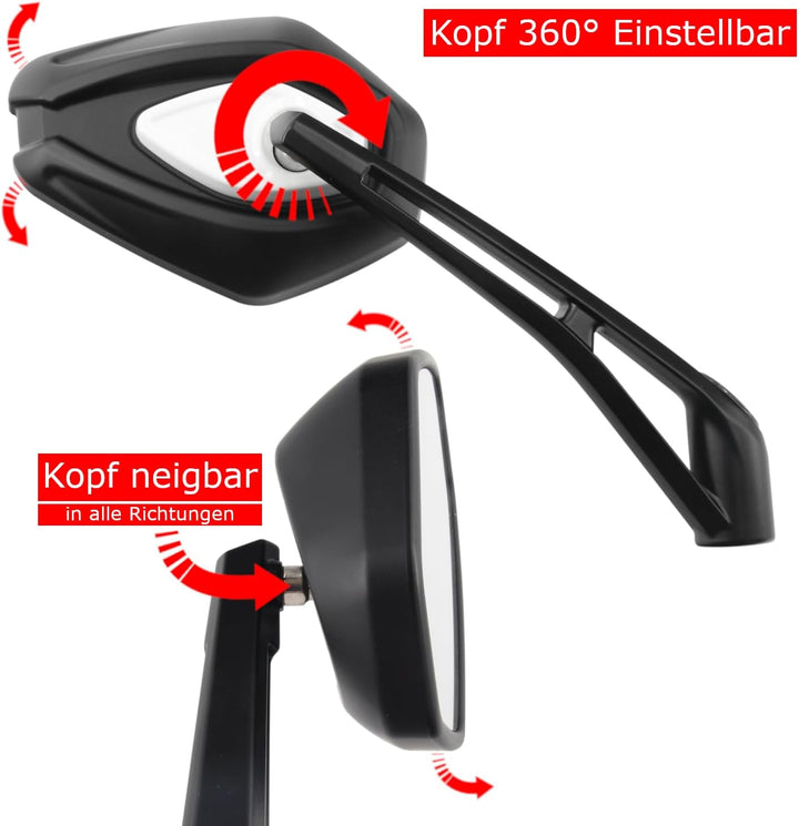 Area1 Universal Motorrad Rückspiegel Paar e-geprüft 2x M10 Rechtsgewinde + Linksgewindeadapter, komp