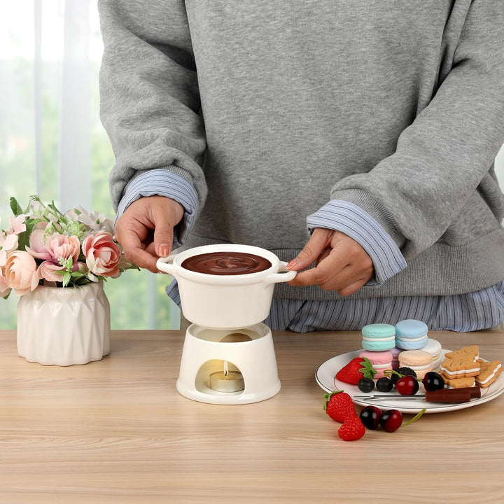 SUMNACON Keramike Schokofondue-Topf-Set 2 Gabeln, Schoko Fondueset Käsefondue für Schokolade Käse Fo