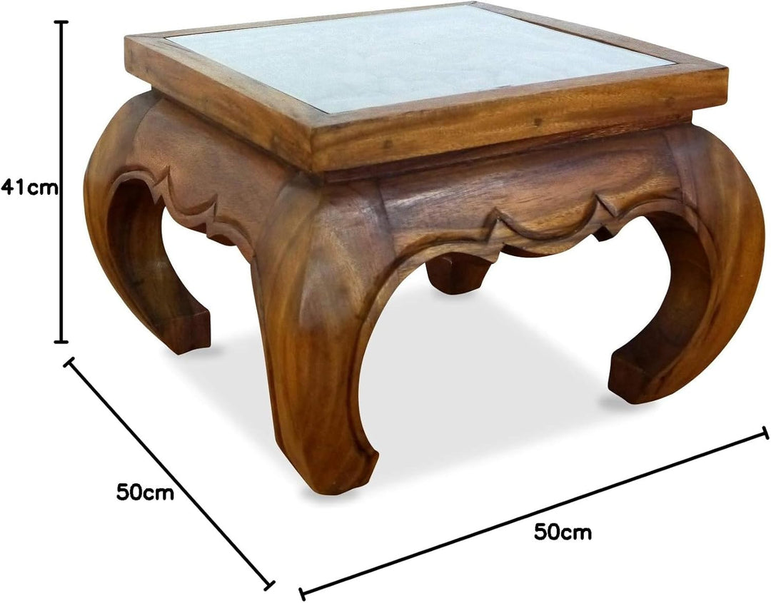 livasia Opiumtisch, Kaffeetisch, Couchtisch, Massivholztisch mit Schnitzerei u. Glasplatte (braun),