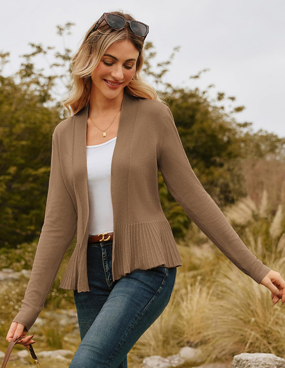 GRACE KARIN Damen Strickjacke Leicht Lange Ärmel Candigan offene Vorderseite Bolero mit Raffung Eleg