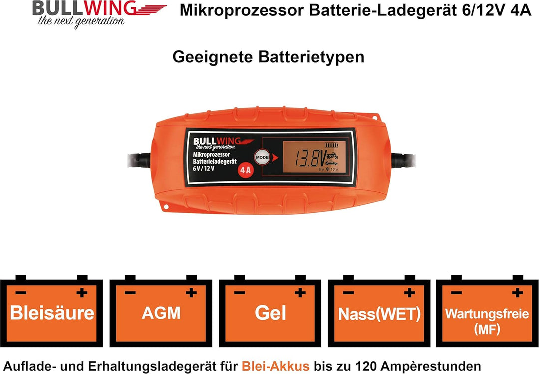 Bullwing Batterieladegerät KFZ Auto Motorrad Mikroprozessor 6/12V 4A Vollautomatisches Batterie Lade